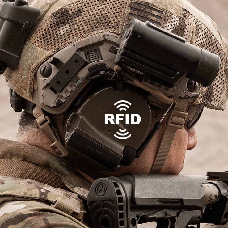 Soldier in helmet with text noting where RFID tech can be placed